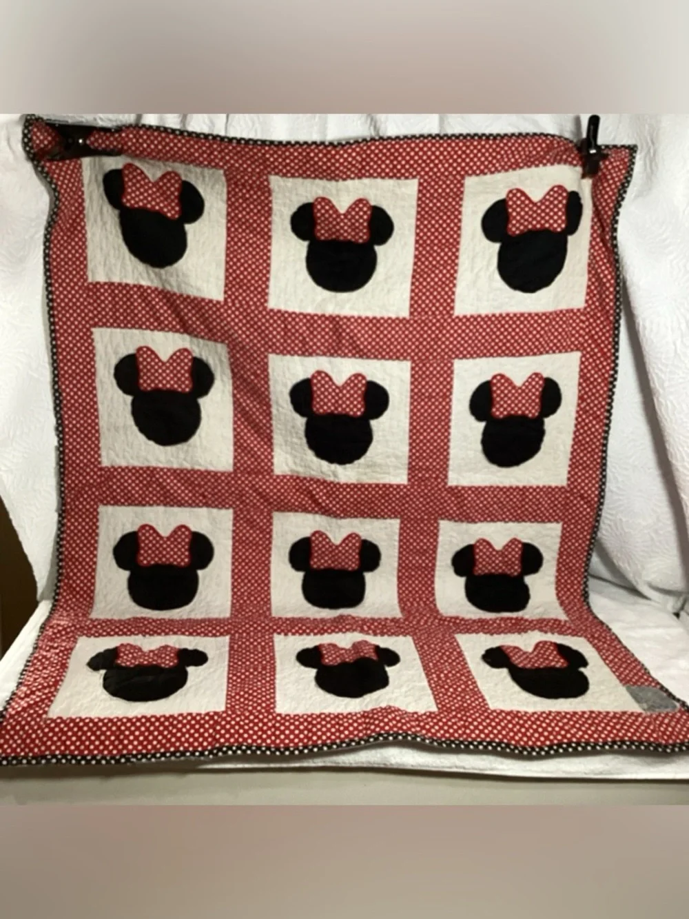Vintage Handmade Minnie Mouse Themed Baby Quilt Red White Black Polka Dots